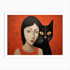 Woman And A Cat Art Print