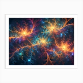 An Intricate, Fractal Art Piece Showcasing Delicate, Feathery Patterns In Shades Of Blue, Pink, Orange, And Yellow, Radiating Outwards From A Central Point Art Print