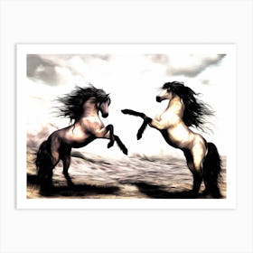 Two Horses Fighting Horse Digital Painting Animal Painting Drawing Art Print