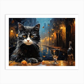 Cat And Cafe Terrace At Night Van Gogh Inspired 03 Art Print