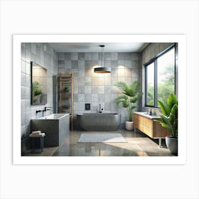 Modern Bathroom Interior With Grey Tiles, Wooden Vanity, And Green Plants Art Print