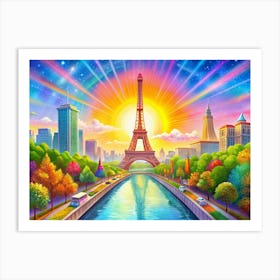 Cityscape Of Paris With Eiffel Tower And Rainbow Art Print