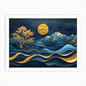 Golden Deer, Black Christmas Tree, Turquoise Mountains Moon with a Golden Sun. Art Print