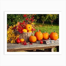 Autumnal Still Life Composition Featuring A Wooden Table Set In A Rustic Garden During The Golden Ho (1) Art Print