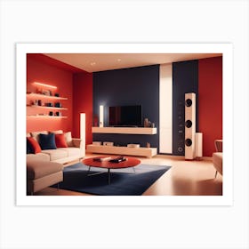 A Living Room Interior With A Red And Blue Color Scheme Art Print