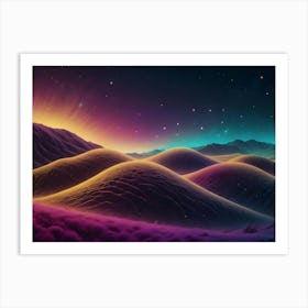 Rolling Hills Bathed In Vibrant Neon Hues, Under A Starry Night Sky, Creating A Mesmerizing And Otherworldly Landscape Art Print