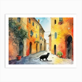 Black Cat In Foggia, Italy, Street Art Watercolour Painting 4 Art Print