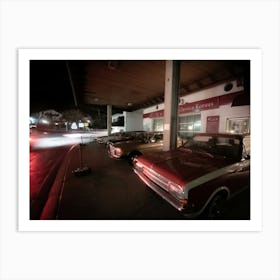 Old red cars and street lights Art Print