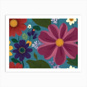 Flowers On A Blue Background 1 Art Print