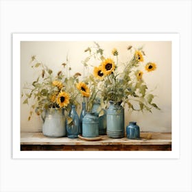 Sunflowers In Blue Vases Art Print