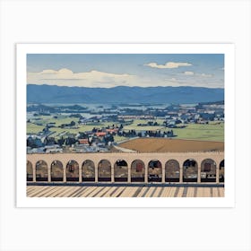 The Cloister and Countryside of Assisi. A serene view of the stone arches of Assisi's cloister, leading the eye to the verdant Umbrian countryside in the background. The combination of medieval architecture and rolling green hills evokes a sense of timeless beauty and tranquility. Art Print