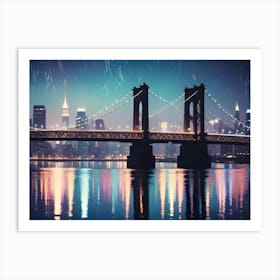 Digital Illustration Of A Bridge Over A River With A City Skyline In The Background Art Print