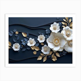 3d White And Blue Background With Golden Jewelry And Flowers In Black Design Art Print