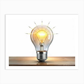 Light Bulb Glowing On A Wooden Table Art Print