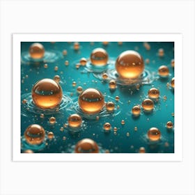 Close Up Of Reflective, Golden Spheres Floating On A Turquoise Liquid Surface, With Small Droplets Surrounding Them Art Print