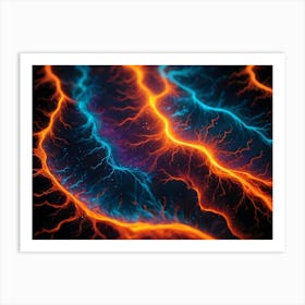 Intricate, Abstract Patterns Formed By Glowing Orange And Blue Lines, Resembling Lightning, Energy Streams, Or Neural Networks Art Print