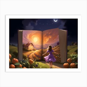 Woman Walking Toward A House On A Hillside With A Book Opening Behind Her 3 Art Print