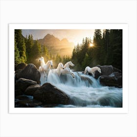 Transparent Four Water Horses Emerging From A Wild Stream With A Towering Wave Of Spray Capturing M Art Print