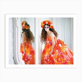 Girl With Oversized Eyes Hues Of Orange And White Adorned With A Floral Wreath Curls Cascading Ar Art Print