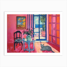 Cat in Pink Room. Retro Oil Henry Matisse Style Interior Painting Art Print