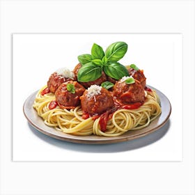 Plate Of Spaghetti With Meatballs, Tomato Sauce, Basil, And Parmesan Cheese Art Print