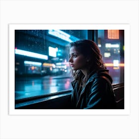 Pensive Woman Sitting At A Rainy Bus Shelter Neon Lights Creating A Glow On Her Contemplative Face Art Print