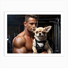 Bodybuilder holding cute Chihuahua dog Art Print