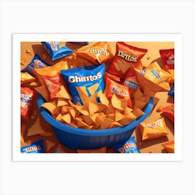 A Blue Bucket Filled With Tortilla Chips And Surrounded By Various Bags Of Popular Snack Brands, Including Doritos, Cheetos, And Tostitos Art Print