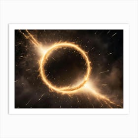 A Glowing Golden Circle Ring With Sparks Set Against A Dark Background With Clouds Art Print