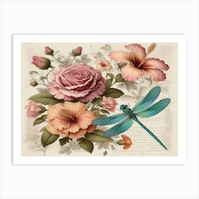 Dragonfly And Roses 1 Art Print