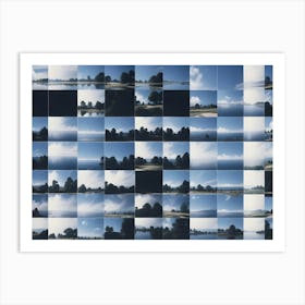 Abstract Image Of A Grid Of 36 Squares, Each Containing A Different Image Of A Lake, Forest, And Mountains Art Print