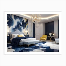 A Luxurious Bedroom With A Blue And Yellow Color Scheme Art Print