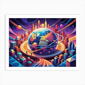 Futuristic Cityscape With Earth At Its Center Art Print