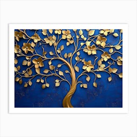 Elegant Gold And Royal Blue Floral Tree Of Life With Seamless Leaves And Flowers Hanging Branches Art Print