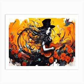 Witches And Music Halloween 18 - Music Girl With Guitar Art Print