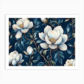 Luxurious Dark Blue Watercolor Artwork Features Exotic Magnolia Flowers In A Seamless, Baroqueinspired 3d Floral Art Print