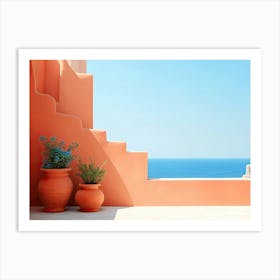 Mediterranean Terracotta Wall With A Sea View Summer Photography Art Print