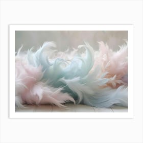 A Soft, Dreamy Image Of Pastel Colored Feathers Arranged In A Delicate And Fluffy Composition On A White Wooden Surface Art Print