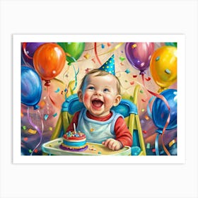 Baby Celebrating Birthday With Cake And Balloons Art Print