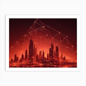 Abstract Image Of A Glowing, Red Network Over A Silhouetted Cityscape Art Print