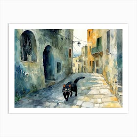 Black Cat In Matera, Italy, Street Art Watercolour Painting 2 Art Print