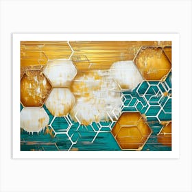 Oil On Canvas Abstract Artwork With Golden Grain Textures, White Lattice, And Turquoise Splashes Painting Art Print