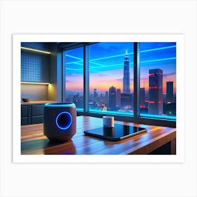 Smart Speaker On A Table With A City View Art Print