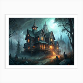 Haunted House In Foggy Forest Art Print