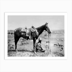 Cowboy And His Horse, Black and White, Western Art, Vintage Old Photo Art Print