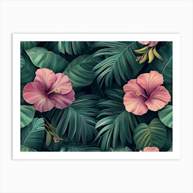 Tropical Seamless Pattern With Hibiscus Flowers, Beautiful Palm, Banana Leaves 2 Art Print