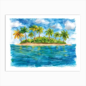 Watercolor Tropical Island With Palm Trees Art Print