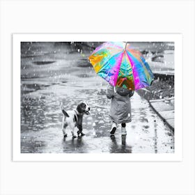 Girl Walking A Dog - Rainy Good Morning Art Print