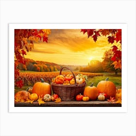 Autumnal Farm Landscape Pumpkins And Cornstalks Surround A Rustic Wooden Basket Filled With Apples (4) Art Print