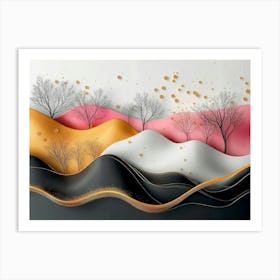 3d Art with Colorful Background, Colorful Trees, Golden Lines Art Print